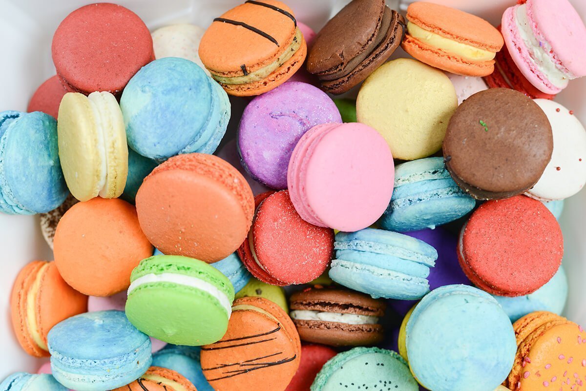 Colorful macaroons on a white plate